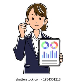 A woman in a suit holding a tablet PC and doing a guts pose