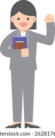 A woman in a suit holding a textbook with her fist raised