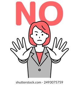 Woman in a suit holds her hands up and says NO