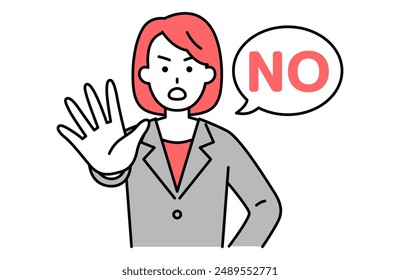 Woman in a suit holds her right hand out in front of her and says NO