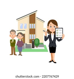 A woman in a suit and a house showing a senior couple and a checklist