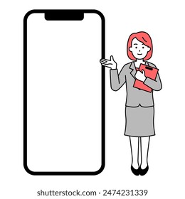 A woman in a suit with a large smartphone on a white background