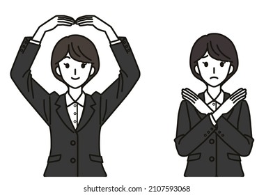 A woman in suit making acceptable and not acceptable gesture