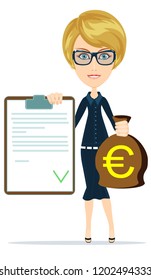 Woman in suit, manager or agent shows a document, insurance and money. Vector, flat, illustration