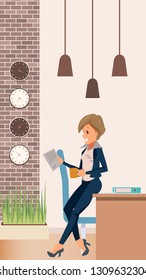 Woman in Suit Manager Lean on Table at Office. Female Character Read Paper. Businesswoman in Formal Wear Drink Coffee or Tea. Break at Work in Creative Coworking. Cartoon Flat Vector Illustration