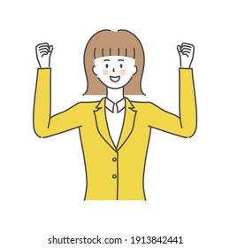 Woman in a suit. A motivated woman who raises her fist.