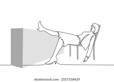 woman in suit and office skirt put her leg on table and sprawled on office chair - one line art vector. concept burnout, lazy person, procrastination