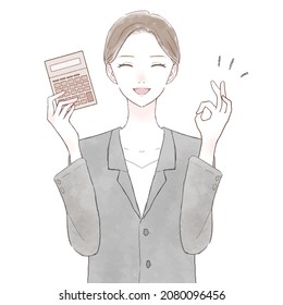 Woman in suit with OK sign with calculator. On white background.