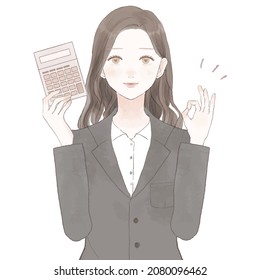 Woman in suit with OK sign with calculator. On white background.