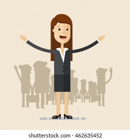 Woman in suit opens his arms. Meeting, welcome concept. Business lady, HR Director, recruiter, manager. Vector, flat, illustration