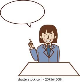 A woman in a suit pointing her finger and talking.