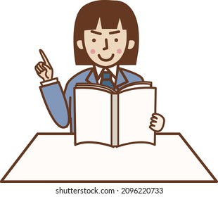A woman in a suit pointing her finger while reading a book.