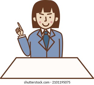 A woman in a suit pointing her finger.