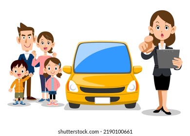 A woman in a suit pointing out a document, a car and a family