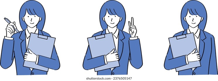 A woman in a suit posing with a binder