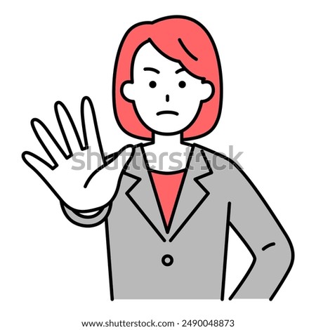 Woman in a suit refusing to accept something by putting her right hand forward
