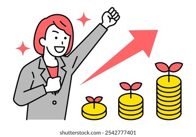 Woman in a suit rejoicing at her increasing assets and making a fist pump