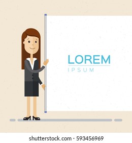 Frau in Anzug und Projektor. Präsentationskonzept, Seminar, Schulung, Konferenz. Unternehmensstrategie und Finanzen. Vektorgrafik, Illustration, flach.