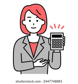A woman in a suit showing a calculator