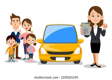 A woman in a suit showing a calculator, a car and a family