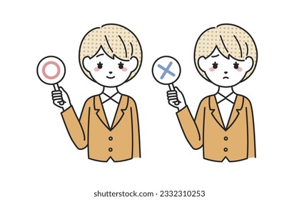 A woman in a suit showing correct and incorrect answers