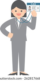 A woman in a suit showing her employee ID
