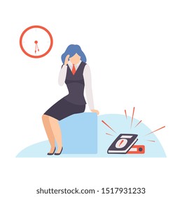 Woman in a suit sits on a blue cube and looks at a diary. Vector illustration.
