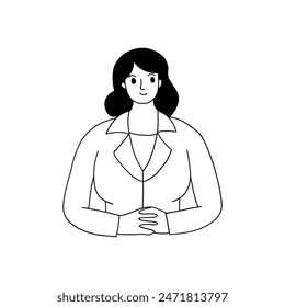 Woman in a suit sitting arms locked on the table. Vector illustration in flat cartoon line style.