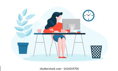 Mujer con traje sentada en el escritorio y trabajando en el ordenador. Trabajador profesional en el lugar de trabajo. Ilustración vectorial en estilo de caricatura