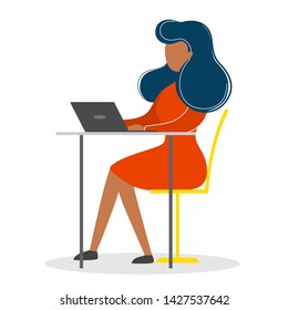 Woman in a suit sitting at the desk and working on the computer. Professional office worker at the workplace. Vector illustration in cartoon style