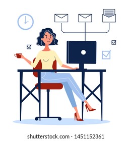 Woman in a suit sitting at the desk and working on the computer. Professional office worker at the workplace. Vector illustration in cartoon style