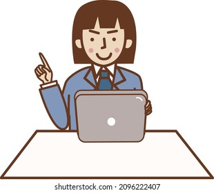 A woman in a suit sitting, holding a tablet and pointing her finger.