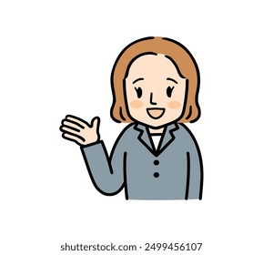 A woman in a suit is smiling as she gives explanations and gives directions.