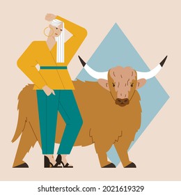 The woman in a suit standing next to buffalo on blue diamond. Modern feminist vector illustration. The concept of strength of character, international women's day, activism, feminism. Vector