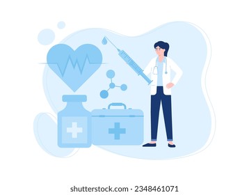 A woman in a suit is standing next to the heart trending concept flat illustration