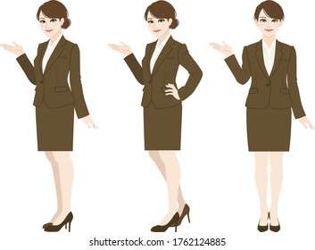 A woman in a suit. Standing poses. Illustration depicting the full body.