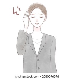 Woman in suit suffering from headache. On white background.