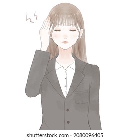 Woman in suit suffering from headache. On white background.
