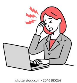 Woman in a suit suffering from a headache while working on a laptop