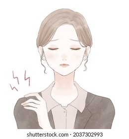 Woman in suit suffering from stiff shoulders. On a white background. Cute and simple art style.