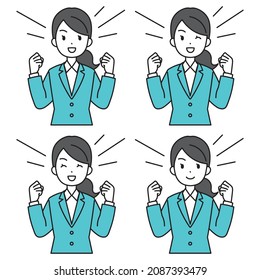 A woman in a suit that guts poses
