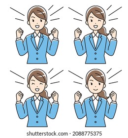 A woman in a suit that guts poses