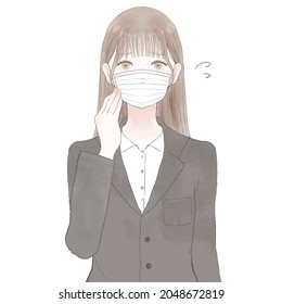 Woman in suit troubled by wearing a mask. On white background.