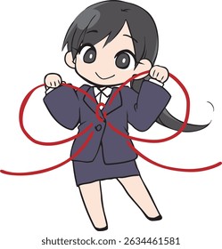 A woman in a suit is tying up.