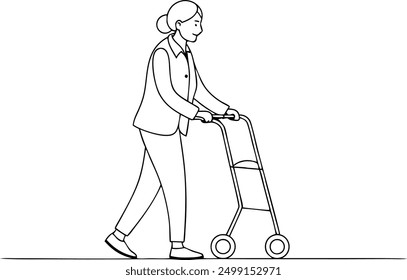 A woman in a suit is walking with a walker. She is wearing a tie and she is in a hurry