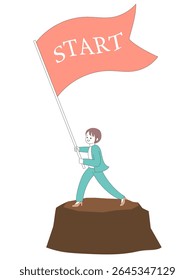 A woman in a suit waving a START flag on top of a rocky mountain