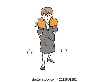 A woman in a suit wearing boxing gloves and a fighting pose, a fighting businessman, a comical person.