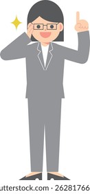 A woman in a suit wearing glasses pointing up