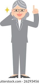 A woman in a suit wearing glasses pointing up