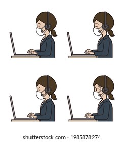 
A woman in a suit who answers the phone while typing on a computer. Call center, facial expression pattern, mask, sideways, profile